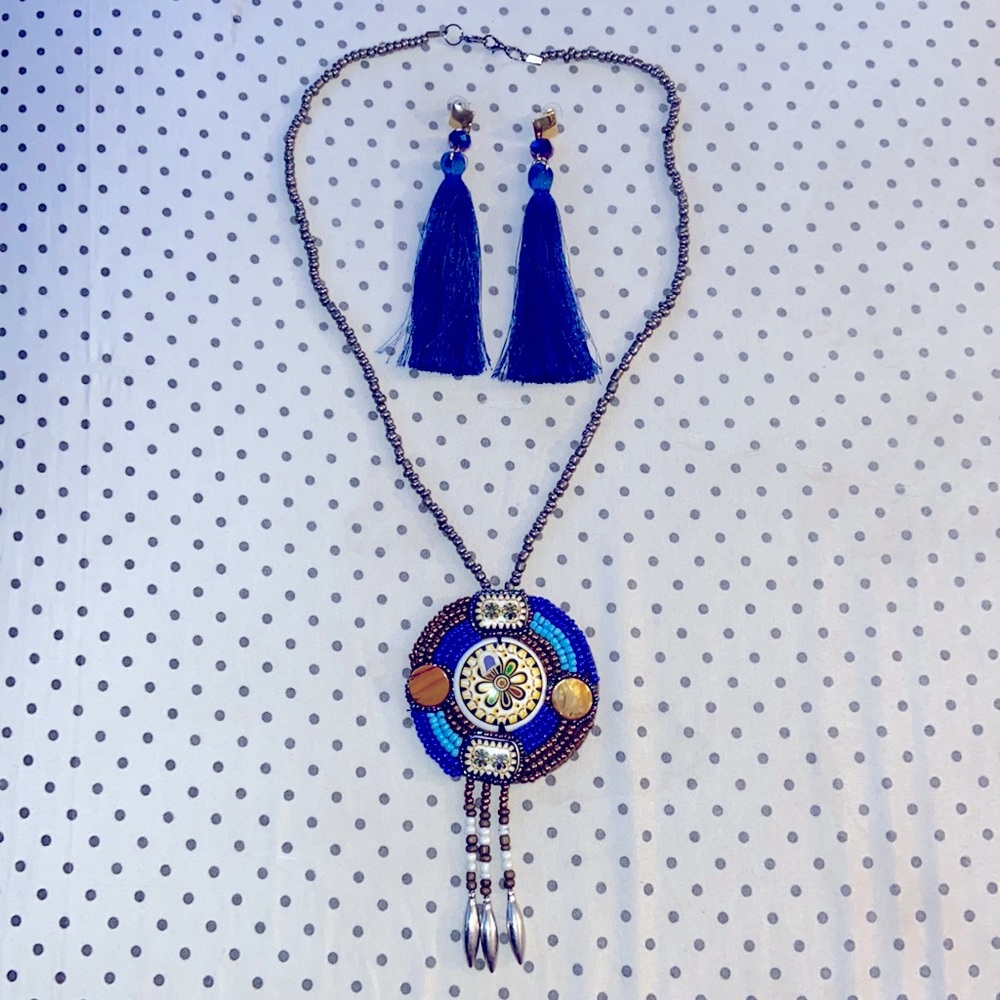 Women set blue Tassel Design Drop Earrings and Necklace Artisan